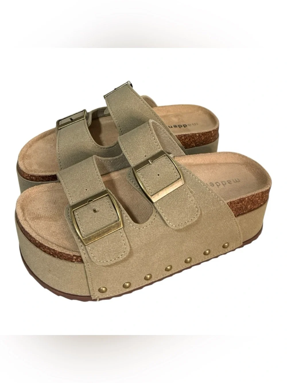 Madden Girl Double Buckle Platform Slide Sandals Taupe Women’s Size 6